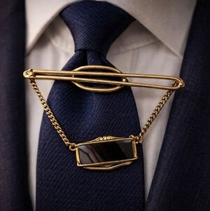 ANTIQUE 1930's Art Deco Gold Tone Agate Tie Bar